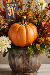 Halloween Decoration with Pumpkin and 'October 31st' Sign – Festive Autumn Arrangement for Holiday Celebration