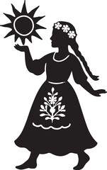 Silhouette of a folkloric sun festival with dancers, music, and traditional rituals.