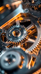 Intricate mechanical gears meshing together, showcasing precision engineering and industrial design concepts