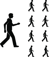 Walking cycle silhouette icons showing human motion sequence, step‑by‑step animation poses, pedestrian movement stages, and vector illustration for motion design