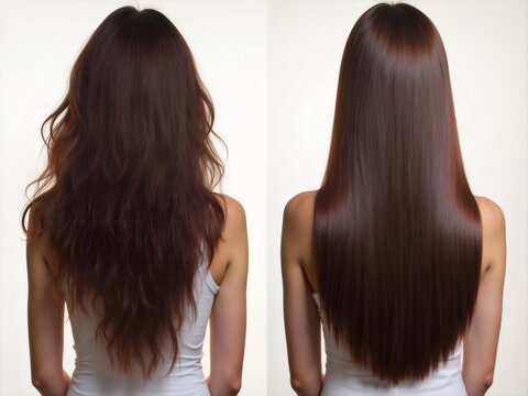 Brown Hair Transformation Before and After Straightening Treatment on White Background Beauty