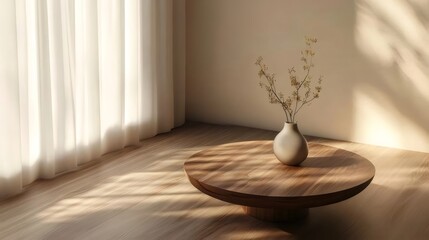 木製テーブルの上の花瓶と日差しが差し込む白いカーテンのインテリア 静かな雰囲気
