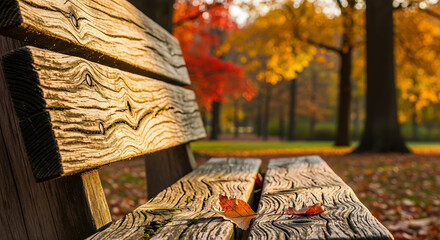A wooden bench in a park, sharp focus on the weathered wood, blurred autumn trees in the background