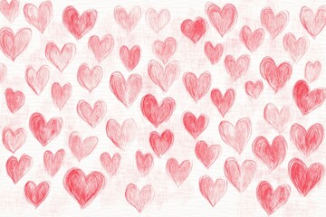 Charming Hand-Drawn Heart Patterns on Light Textured Background, Muted Red and Pink Hues Conveying Love and Whimsy, Perfect for Valentine's Day Cards, Decor and Celebrating Affection