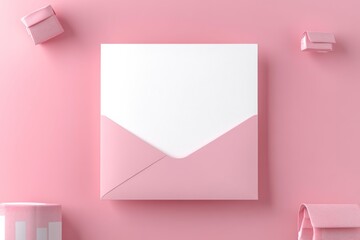 Delightful Open Pink Envelope with Textured White Card Amidst Minimalistic Geometric Shapes on Soft Pink Background, Perfect for Marketing Stationery, Invitations and Gift-Giving