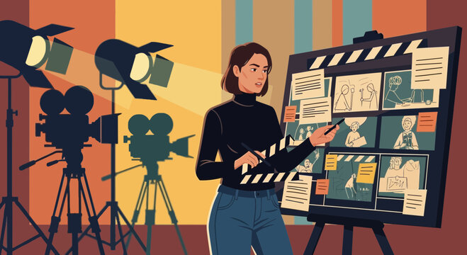 Film director presenting the storyboard of a movie project in a creative studio environment