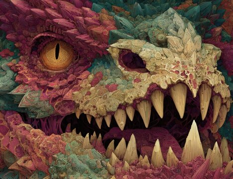 Close-up of a fantastical dragon's head.  Colorful, textured, and detailed