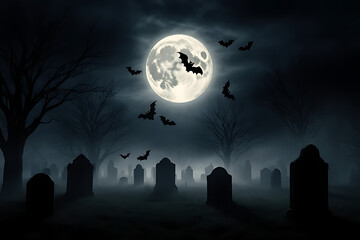 Fototapeta premium Halloween Graveyard with Full Moon, Flying Bats and Jack-o'-Lanterns – Spooky Night Scene in the Cemetery