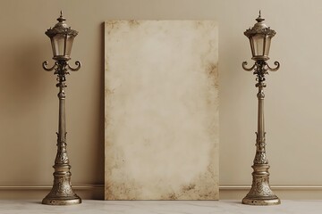 Vintage street lamps frame blank aged paper, perfect for elegant announcements or designs