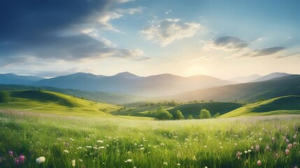Obraz premium 緑豊かな丘陵地帯と山の穏やかな風景 太陽が昇る緑の牧草地と青い空の静かな風景