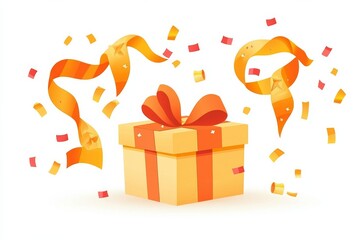 Festive Yellow Gift Box with Orange Ribbons and Confetti on Clean White Background Celebratory Design for Invitations, Greeting Cards and Promotional Materials