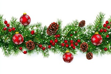 Festive Horizontal Border of Lush Evergreen Branches, Glossy Red Ornaments, Rustic Pine Cones and Vibrant Red Berries with Bright White Snow Flakes Against a Clean White Background