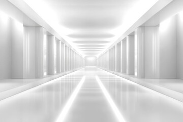 Futuristic Minimalist Corridor with Bright Opening and Symmetrical Design - Polished Concrete and Glass Elements Create a Clean, Spacious Atmosphere Perfect for Architectural
