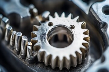 Detailed view of interlocking metal gears, symbolizing teamwork, efficiency, and industrial progress
