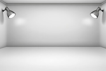 Minimalist Gallery Space with Symmetrical Spotlights and Soft Diffused Lighting, Ideal for Showcasing Artwork and Design, Featuring Smooth White Walls and Glossy Floor, Creating an