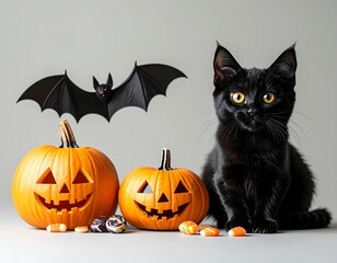 Generated image　ハロウィン　装飾　黒猫とジャックオーランタン、コウモリやカラフルなキャンディが並ぶ不気味で可愛らしい雰囲気　写真　季節　イベント　デザイン素材