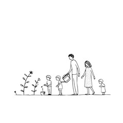 Obraz premium Family tending to plants with father watering and children observing in a minimalist line drawing style