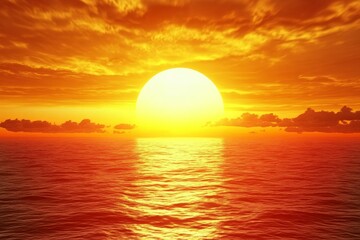 Stunning Seascape at Sunrise with a Radiant Orb Illuminating Gentle Waves and a Warm Orange Sky Filled with Wispy Clouds, Evoking Serenity and Awe in Nature's Embrace
