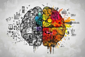 Stylized Representation of a Human Brain with Contrasting Monochrome and Colorful Hemispheres, set Against a Textured Off-White Background, Evoking Creativity and Intellect in Digital