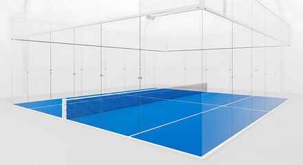 Fototapeta premium Padel tennis court indoor sport game blue glass walls net lines modern competition