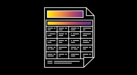 Image of super premium photo of stylized illustration of a document or spreadsheet with a gradient header and rows of data, presented on a black background