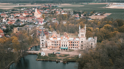 Obraz premium Aerial View of Abandoned and Ruined Palace In Kopice, Opole Voivodeship, Poland