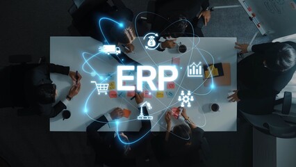 A dynamic business team engages in a collaborative meeting, discussing ERP implementation. Various icons represent finance, analytics, and operational strategies essential for growth. Raster