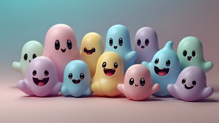 Cute 3D ghost characters — pastel background, floating with smiles