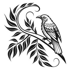 Obraz premium Elegant black and white illustration of a bird perched on a branch with leaves