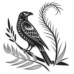 Obraz premium Stylized black silhouette of a bird perched on a branch with foliage