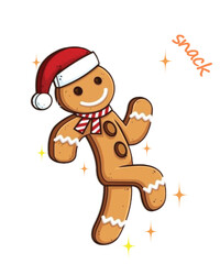 Whimsical gingerbread man with santa hat and scarf dancing joyfully with a playful phrase out here lookin like a snack in a festive silhouette