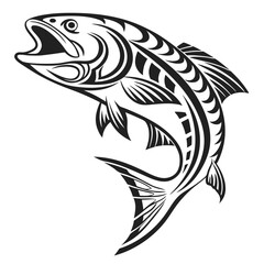 Stylized black and white jumping fish with tribal patterns