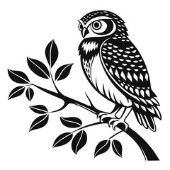 Obraz premium Stylized black and white illustration of an owl perched on a branch with leaves