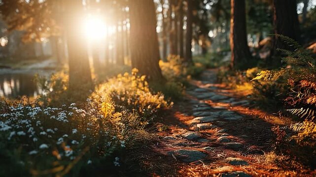 Sunlit Trail through the Forest: A serene and captivating image, a cobblestone path gently winds its way through a sun-dappled forest, with light filtering through the dense foliage.