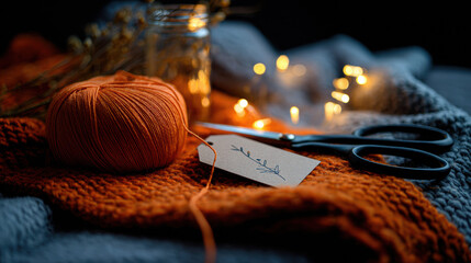 Cozy corner with yarn, scissors, handmade halloween tags, string and orange fabric in warm indoor light, creative home moment