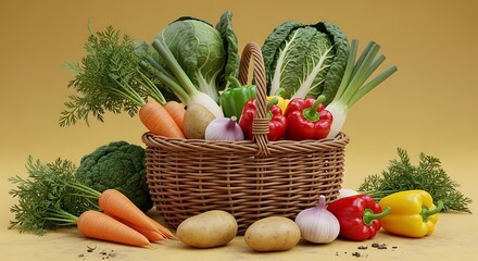 Fresh vegetables in a basket on yellow background