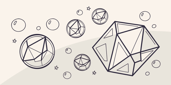 Geometric shapes and bubbles floating in a light background with stars and polygon objects design art