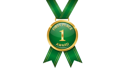 First place green and gold award badge isolated PNG with Transparent Background