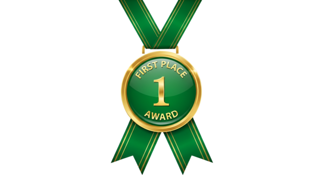 First place green and gold award badge isolated PNG with Transparent Background