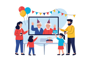Family celebrates grandparents birthday via video call with cake balloons and party decorations