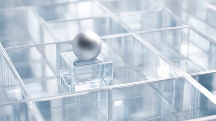 A metallic sphere sits atop a small glass cube within a grid of transparent partitions, representing a breakthrough or a unique position