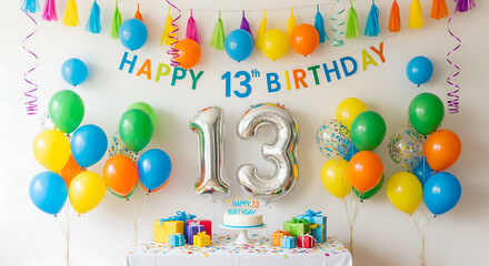 Vibrant 13th Birthday Party Decorations with Balloons and Cake
