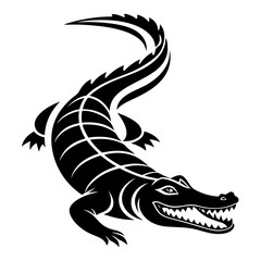 Stylized black alligator illustration with a curved tail and sharp teeth