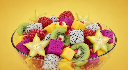 Bowl of mixed fruit salad on yellow background