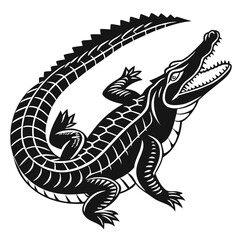 Stylized black and white alligator with open mouth and sharp teeth
