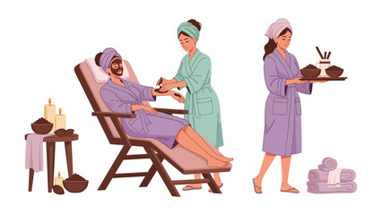 A busy hair salon scene with two stylists attending to a seated client and two makeup artists preparing for a client in a modern beauty studio setting