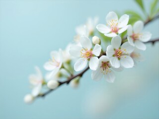 Fototapeta premium White Blossom Branch with Yellow Stamens Against a Soft Blue Gradient Background