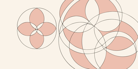 Geometric arrangement of overlapping circles creating flower like patterns in pink and white hues design