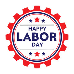 Obraz premium Happy labor day celebration with red white and blue gear emblem and stars