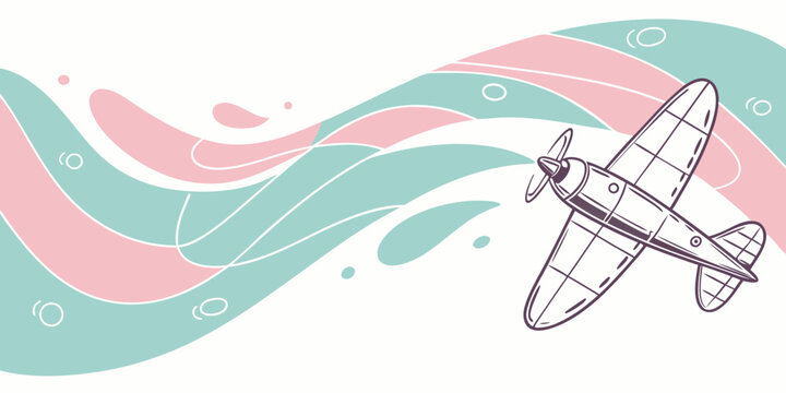 Vintage airplane flying through pastel colored sky with abstract shapes and circular design elements